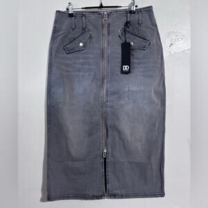 Dee Ocleppo Millie Charcoal Grey Denim Front‎ Zip Cargo Midi Skirt Size 12 NWT